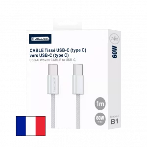 Cable USB-C/Type C vers USB-C/Type C iPhone 15 (60w) 1 mètre (Boite/blister) blanc